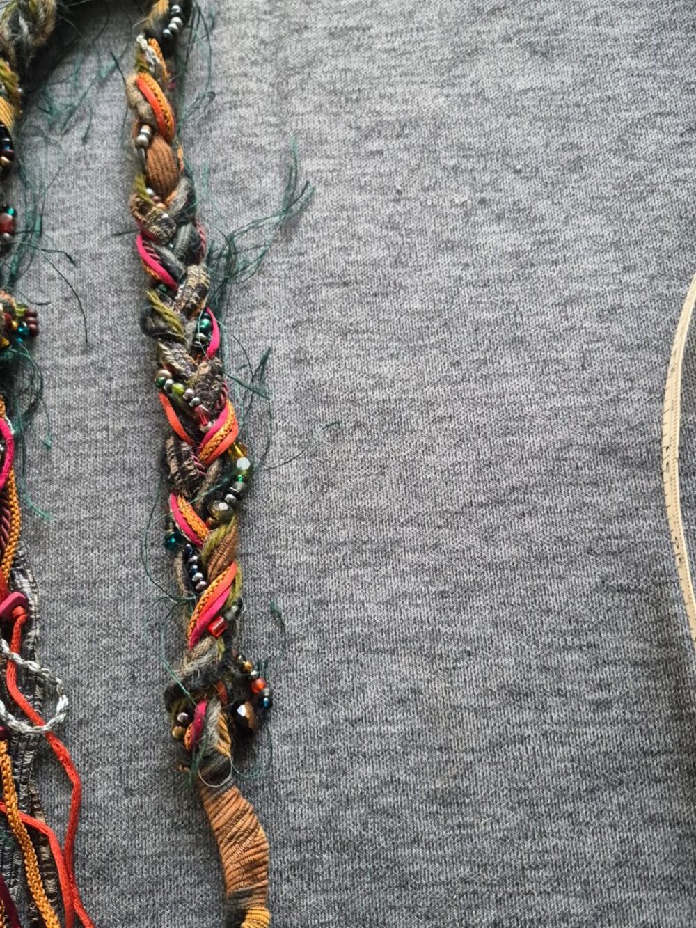Handmade Boho Hair Wrap featuring Vibrant Yarn, Textured Fibers, Beads, Ribbons - Picture 4 of 9